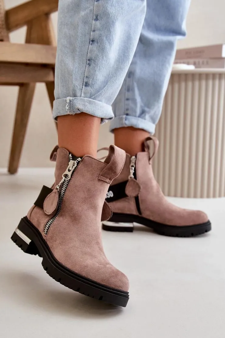 Best Boto Ocieplane Botki Damskie Z Suwakiem Ciemnobeżowe Calvaro