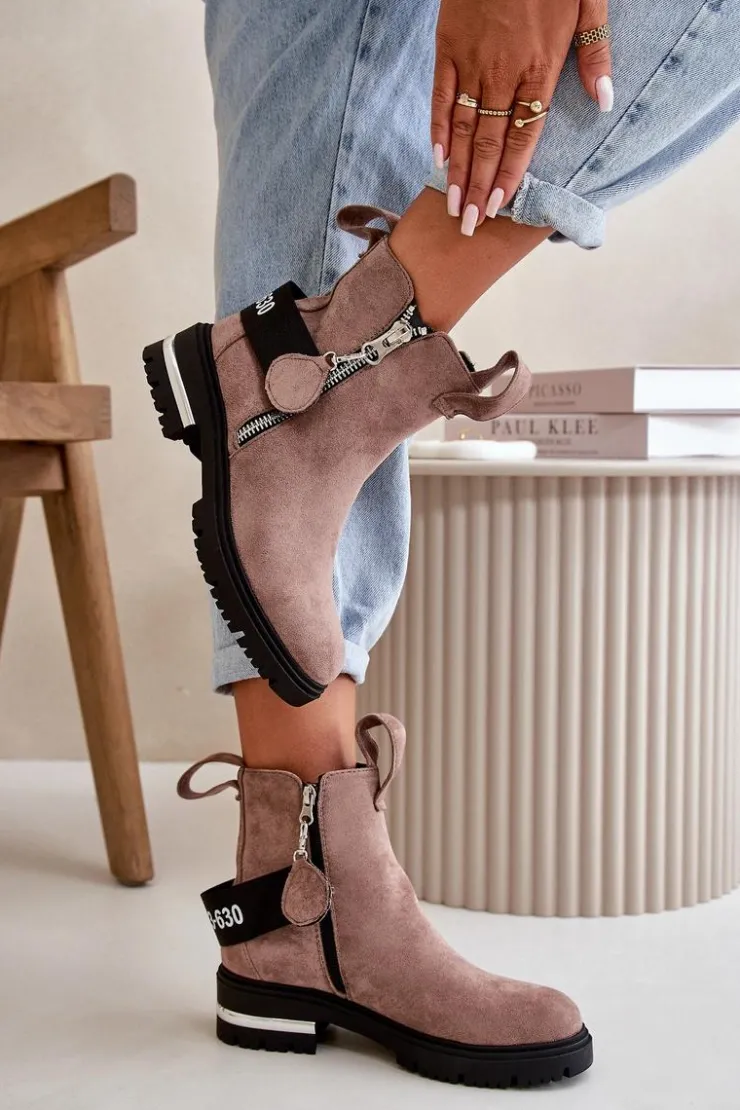 Best Boto Ocieplane Botki Damskie Z Suwakiem Ciemnobeżowe Calvaro