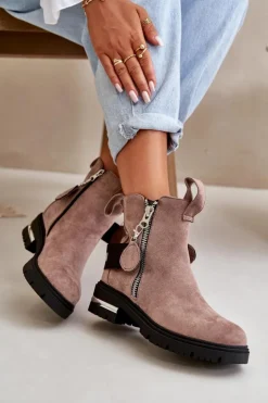 Best Boto Ocieplane Botki Damskie Z Suwakiem Ciemnobeżowe Calvaro