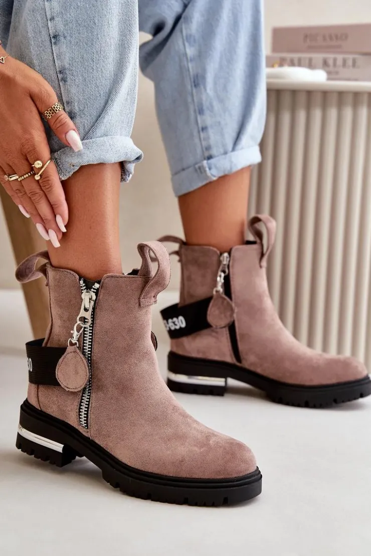 Best Boto Ocieplane Botki Damskie Z Suwakiem Ciemnobeżowe Calvaro