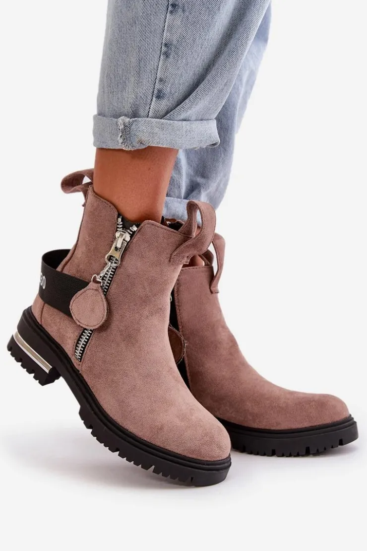 Best Boto Ocieplane Botki Damskie Z Suwakiem Ciemnobeżowe Calvaro