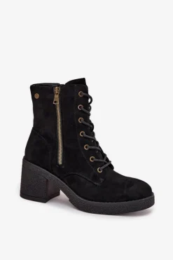 Clearance Boto Ocieplane Botki Damskie Ze Sznurowaniem I Suwakami Czarne Paressa