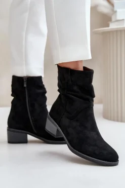 Outlet Boto Ocieplane Botki Damskie Z Marszczoną Cholewką Na Niskim Obcasie Czarne Zinanya