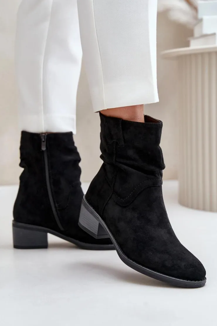 Outlet Boto Ocieplane Botki Damskie Z Marszczoną Cholewką Na Niskim Obcasie Czarne Zinanya