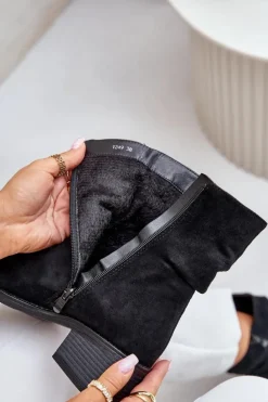 Outlet Boto Ocieplane Botki Damskie Z Marszczoną Cholewką Na Niskim Obcasie Czarne Zinanya