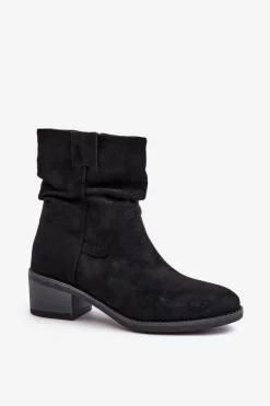 Outlet Boto Ocieplane Botki Damskie Z Marszczoną Cholewką Na Niskim Obcasie Czarne Zinanya