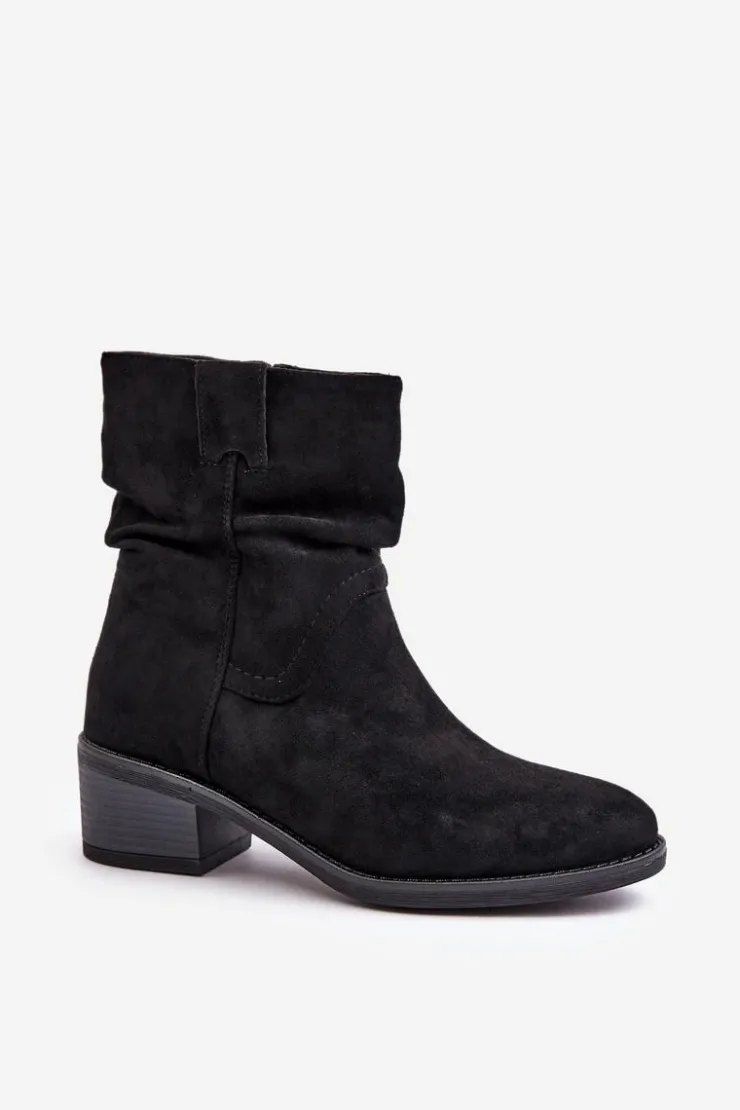 Outlet Boto Ocieplane Botki Damskie Z Marszczoną Cholewką Na Niskim Obcasie Czarne Zinanya