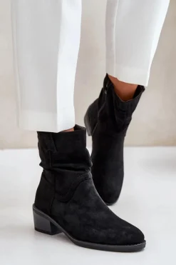 Outlet Boto Ocieplane Botki Damskie Z Marszczoną Cholewką Na Niskim Obcasie Czarne Zinanya