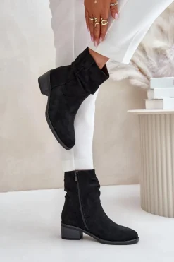 Outlet Boto Ocieplane Botki Damskie Z Marszczoną Cholewką Na Niskim Obcasie Czarne Zinanya