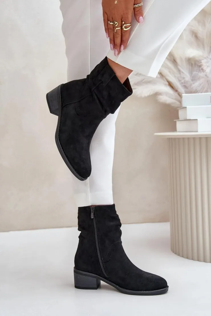 Outlet Boto Ocieplane Botki Damskie Z Marszczoną Cholewką Na Niskim Obcasie Czarne Zinanya