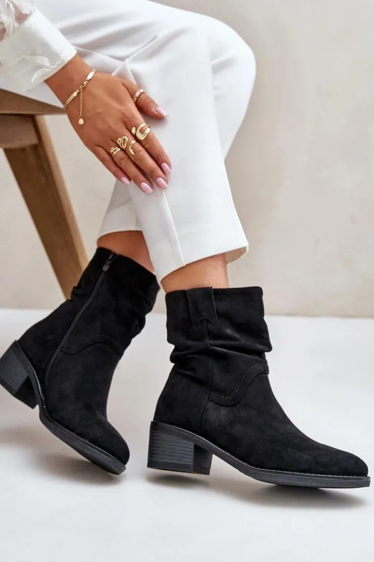 Outlet Boto Ocieplane Botki Damskie Z Marszczoną Cholewką Na Niskim Obcasie Czarne Zinanya