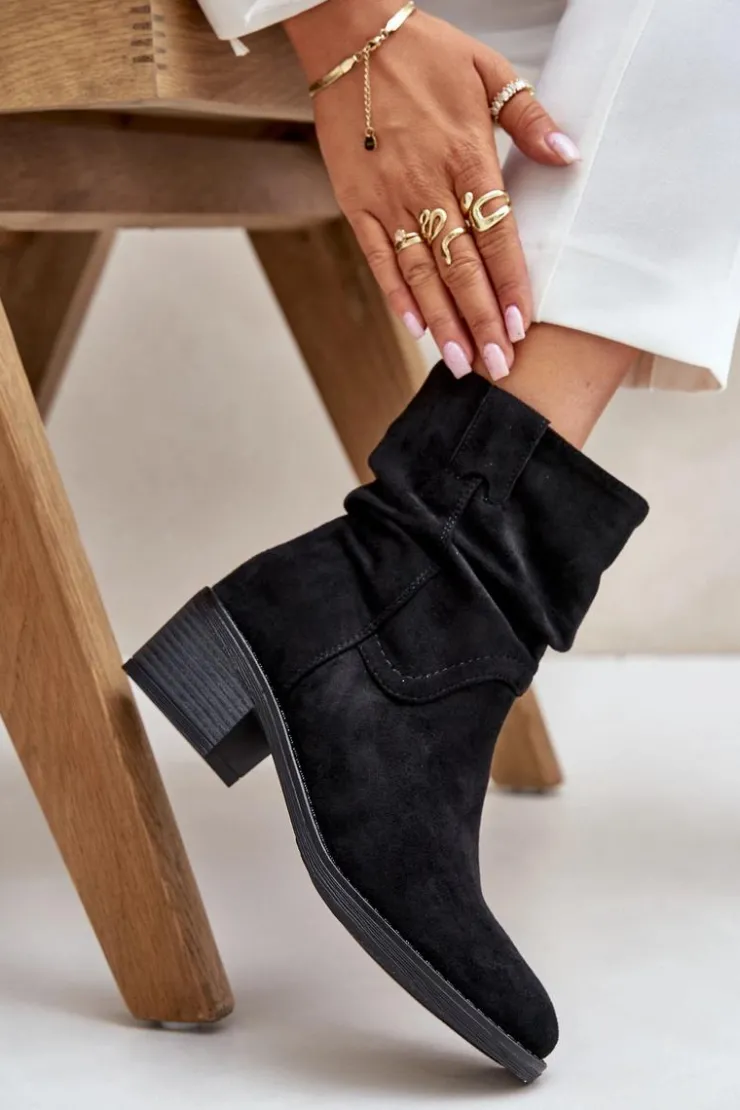 Outlet Boto Ocieplane Botki Damskie Z Marszczoną Cholewką Na Niskim Obcasie Czarne Zinanya