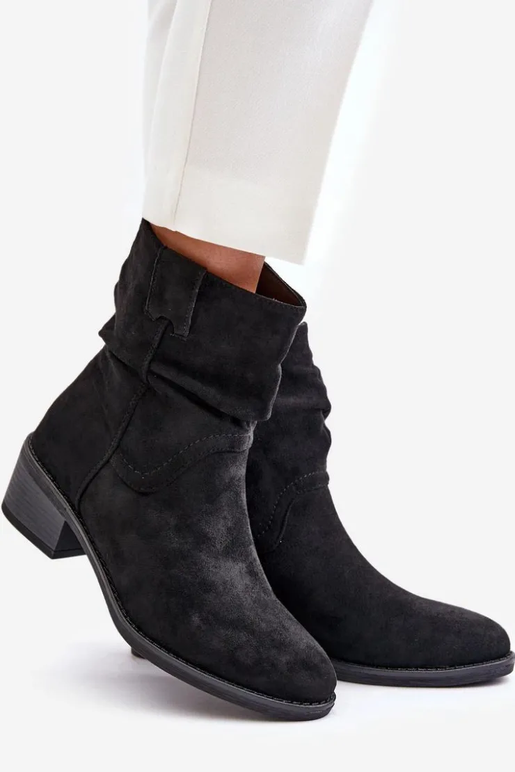Outlet Boto Ocieplane Botki Damskie Z Marszczoną Cholewką Na Niskim Obcasie Czarne Zinanya
