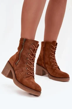 Hot Boto Ocieplane Botki Damskie Ze Sznurowaniem I Suwakami Camel Paressa