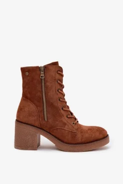 Hot Boto Ocieplane Botki Damskie Ze Sznurowaniem I Suwakami Camel Paressa