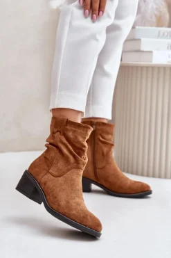 Damskie Boto Ocieplane Botki Damskie Z Marszczoną Cholewką Na Niskim Obcasie Camel Zinanya