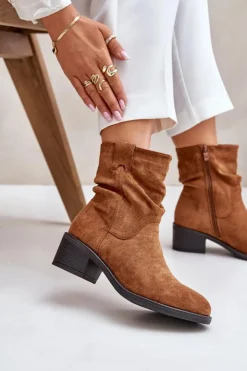 Damskie Boto Ocieplane Botki Damskie Z Marszczoną Cholewką Na Niskim Obcasie Camel Zinanya