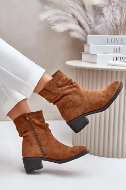 Damskie Boto Ocieplane Botki Damskie Z Marszczoną Cholewką Na Niskim Obcasie Camel Zinanya