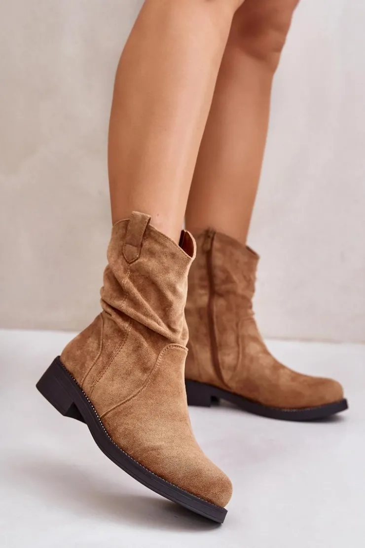 Clearance Boto Ocieplane Botki Damskie Z Marszczeniem I Zdobieniem Camel Etteara