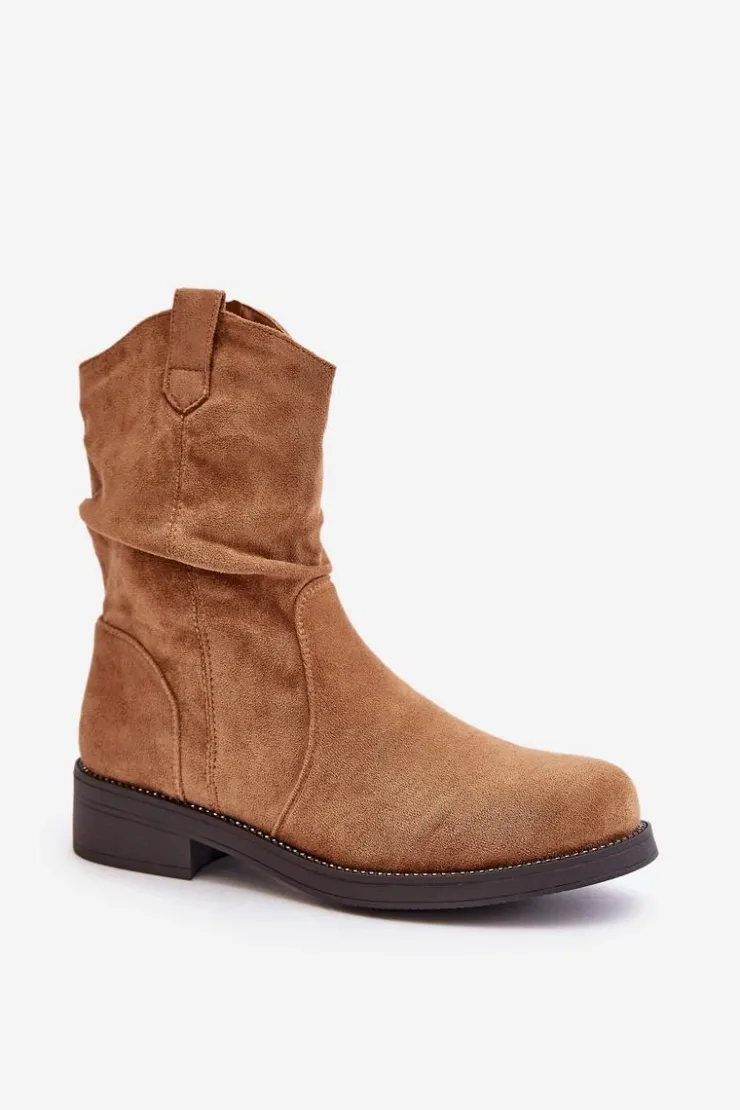 Clearance Boto Ocieplane Botki Damskie Z Marszczeniem I Zdobieniem Camel Etteara