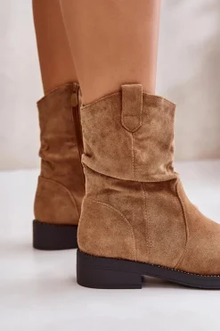 Clearance Boto Ocieplane Botki Damskie Z Marszczeniem I Zdobieniem Camel Etteara