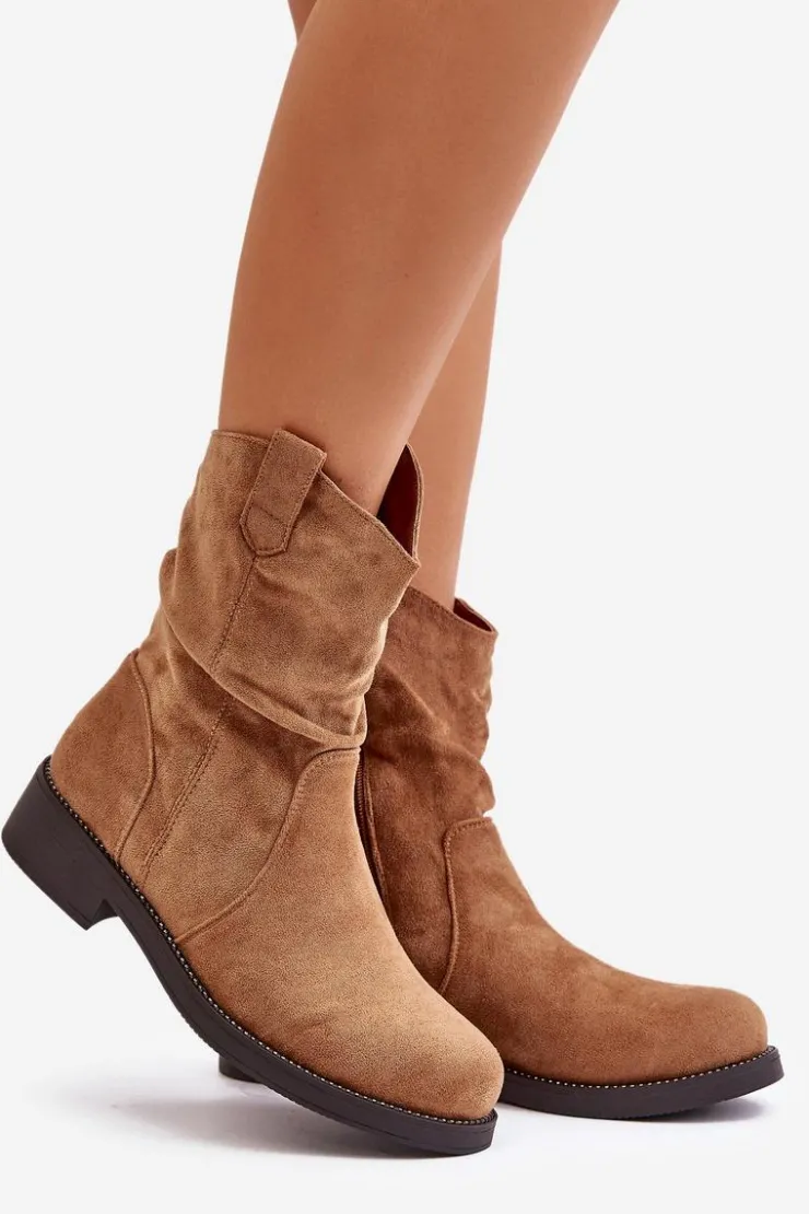 Clearance Boto Ocieplane Botki Damskie Z Marszczeniem I Zdobieniem Camel Etteara