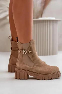 Boto Botki Zimowe Damskie|Botki Płaskie*Ocieplane Botki Damskie Ze Złotym Detalem Eko Zamszowe Beżowe Bervena