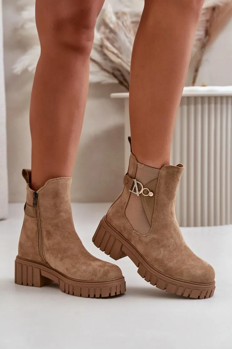 Boto Botki Zimowe Damskie|Botki Płaskie*Ocieplane Botki Damskie Ze Złotym Detalem Eko Zamszowe Beżowe Bervena