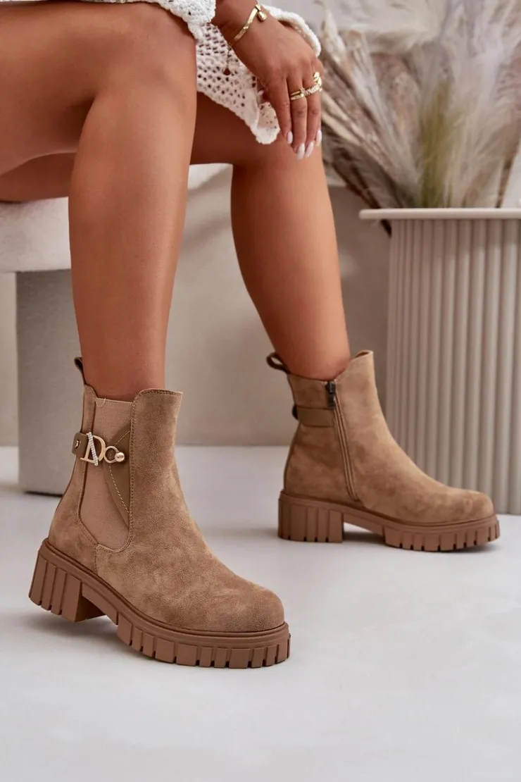 Boto Botki Zimowe Damskie|Botki Płaskie*Ocieplane Botki Damskie Ze Złotym Detalem Eko Zamszowe Beżowe Bervena