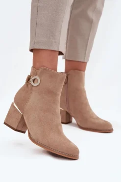 Damskie Boto Ocieplane Botki Damskie Ze Złotymi Detalami Na Słupku Beżowe Dorisse