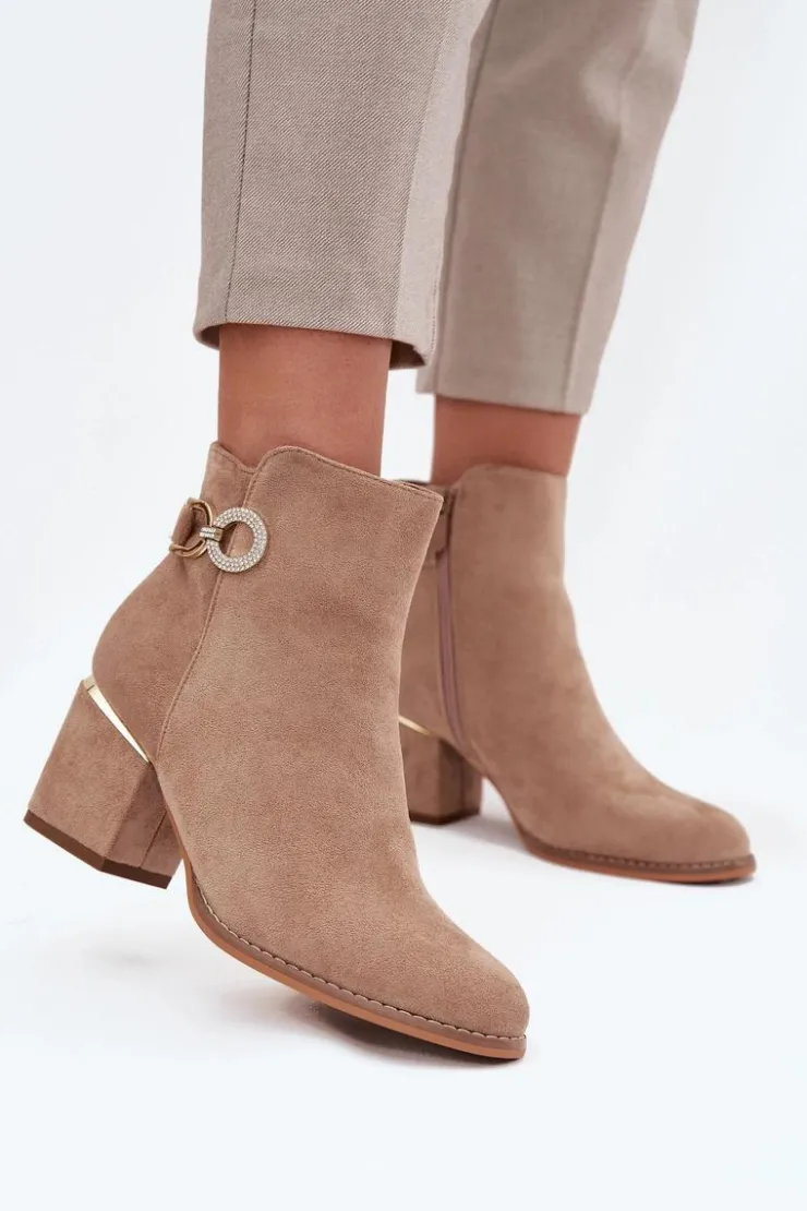 Damskie Boto Ocieplane Botki Damskie Ze Złotymi Detalami Na Słupku Beżowe Dorisse