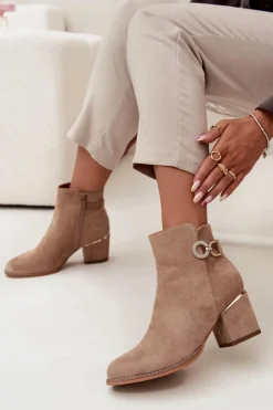 Damskie Boto Ocieplane Botki Damskie Ze Złotymi Detalami Na Słupku Beżowe Dorisse