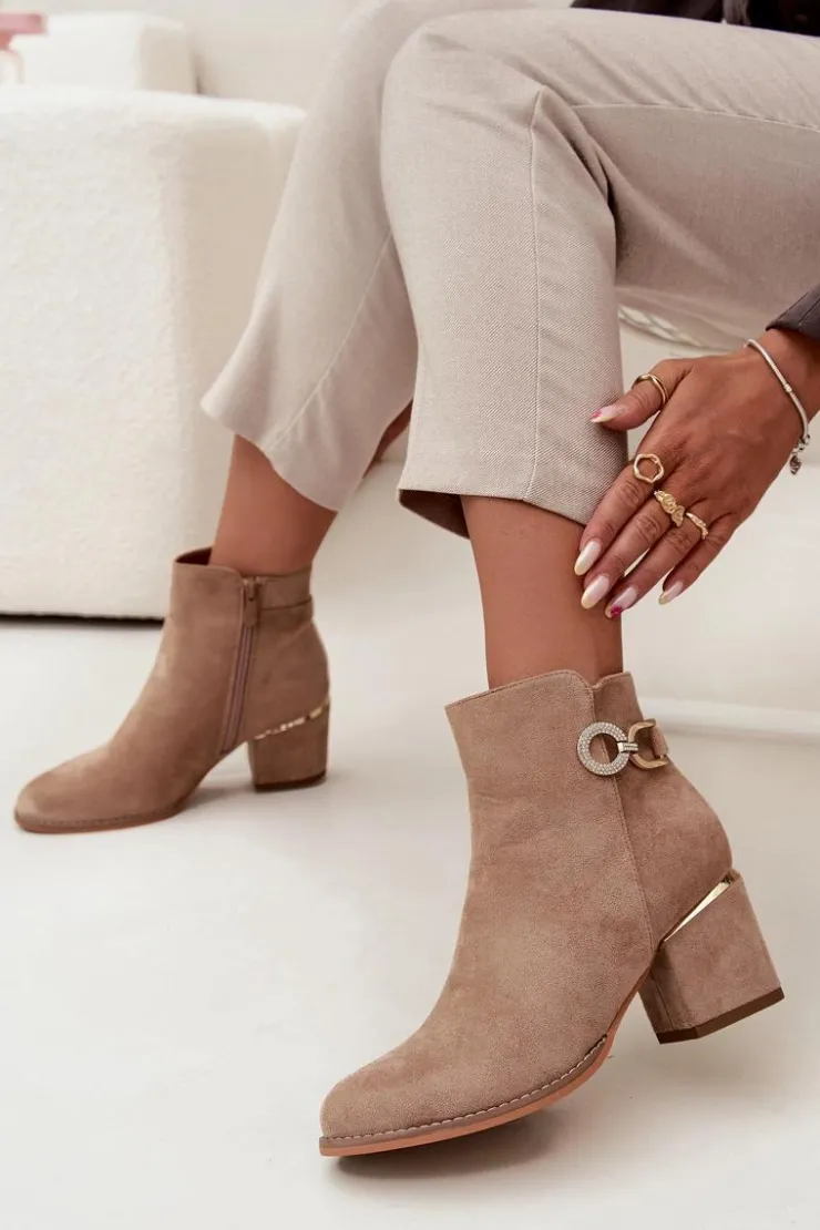 Damskie Boto Ocieplane Botki Damskie Ze Złotymi Detalami Na Słupku Beżowe Dorisse