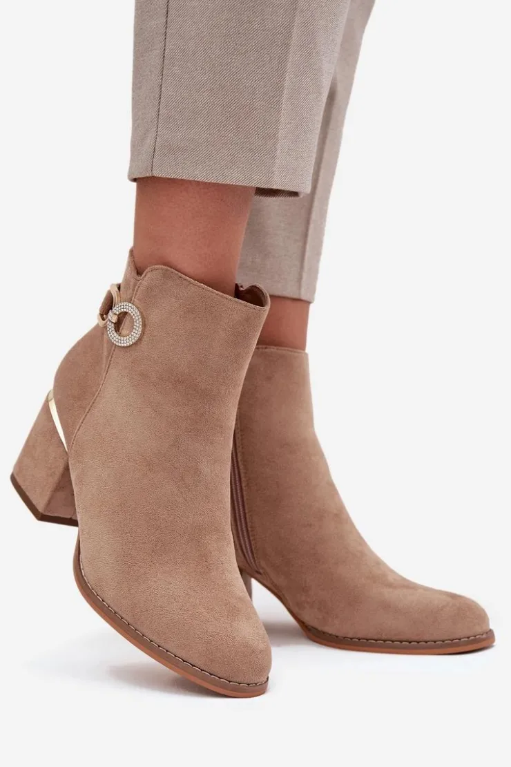 Damskie Boto Ocieplane Botki Damskie Ze Złotymi Detalami Na Słupku Beżowe Dorisse