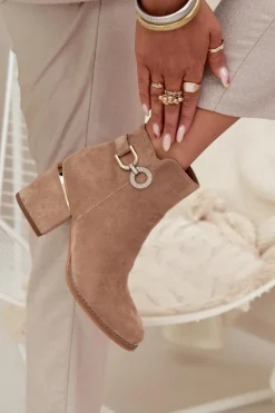 Damskie Boto Ocieplane Botki Damskie Ze Złotymi Detalami Na Słupku Beżowe Dorisse