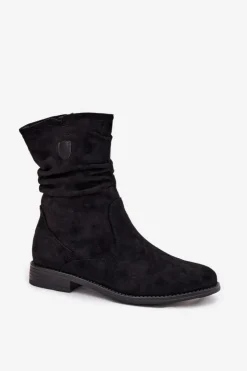 Damskie Boto Ocieplane Botki Damskie Z Marszczoną Cholewką Na Płaskim Obcasie Czarne Krisia