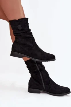 Damskie Boto Ocieplane Botki Damskie Z Marszczoną Cholewką Na Płaskim Obcasie Czarne Krisia