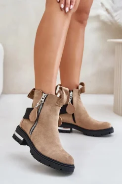 Boto Botki Zimowe Damskie|Brązowe I Beżowe Botki*Ocieplane Botki Damskie Z Suwakiem Brązowe Calvaro