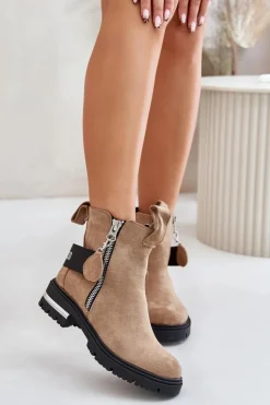 Boto Botki Zimowe Damskie|Brązowe I Beżowe Botki*Ocieplane Botki Damskie Z Suwakiem Brązowe Calvaro