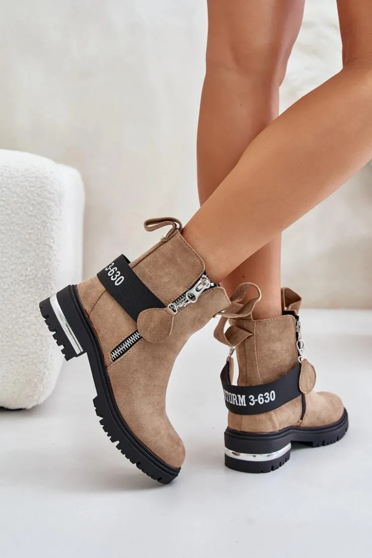 Boto Botki Zimowe Damskie|Brązowe I Beżowe Botki*Ocieplane Botki Damskie Z Suwakiem Brązowe Calvaro