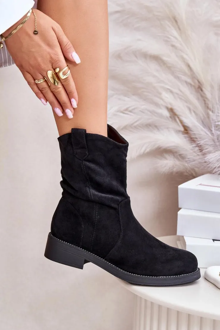 Damskie Boto Ocieplane Botki Damskie Z Marszczeniem I Zdobieniem Czarne Etteara