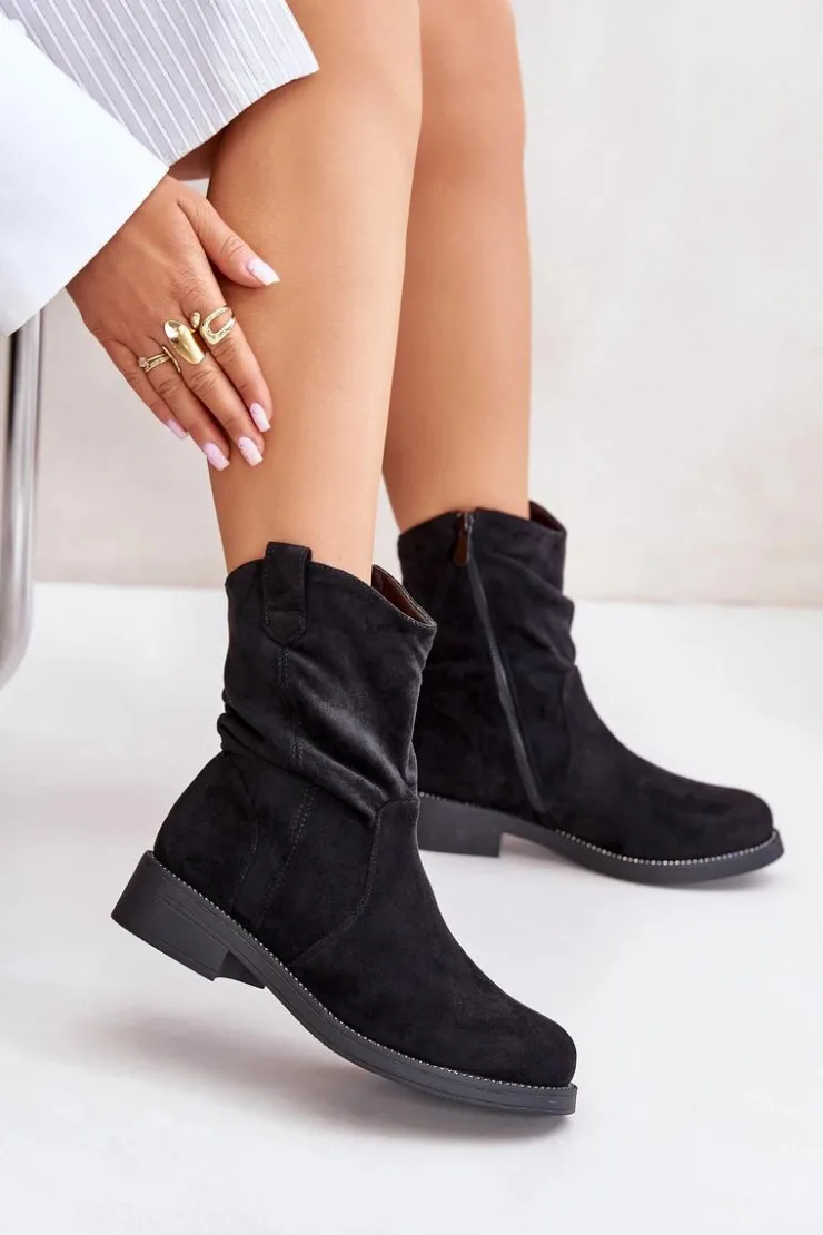 Damskie Boto Ocieplane Botki Damskie Z Marszczeniem I Zdobieniem Czarne Etteara