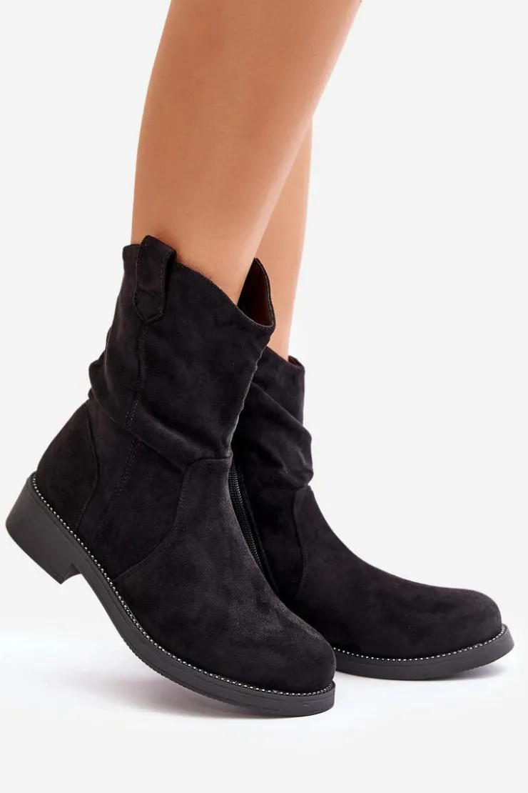 Damskie Boto Ocieplane Botki Damskie Z Marszczeniem I Zdobieniem Czarne Etteara