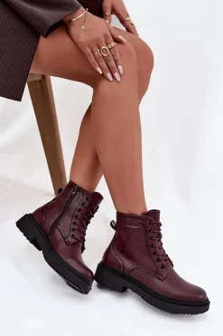 Best Buty Sergio Leone Ocieplane Botki Damskie Z Naturalnej Skóry Sergio Leone BT25248-S Bordowe Czerwony