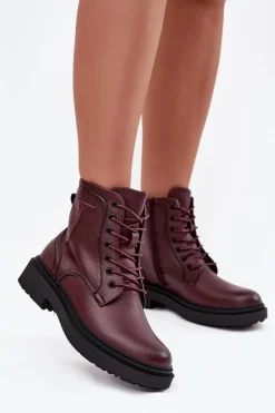 Best Buty Sergio Leone Ocieplane Botki Damskie Z Naturalnej Skóry Sergio Leone BT25248-S Bordowe Czerwony