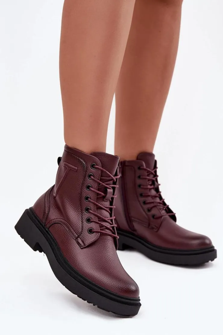 Best Buty Sergio Leone Ocieplane Botki Damskie Z Naturalnej Skóry Sergio Leone BT25248-S Bordowe Czerwony