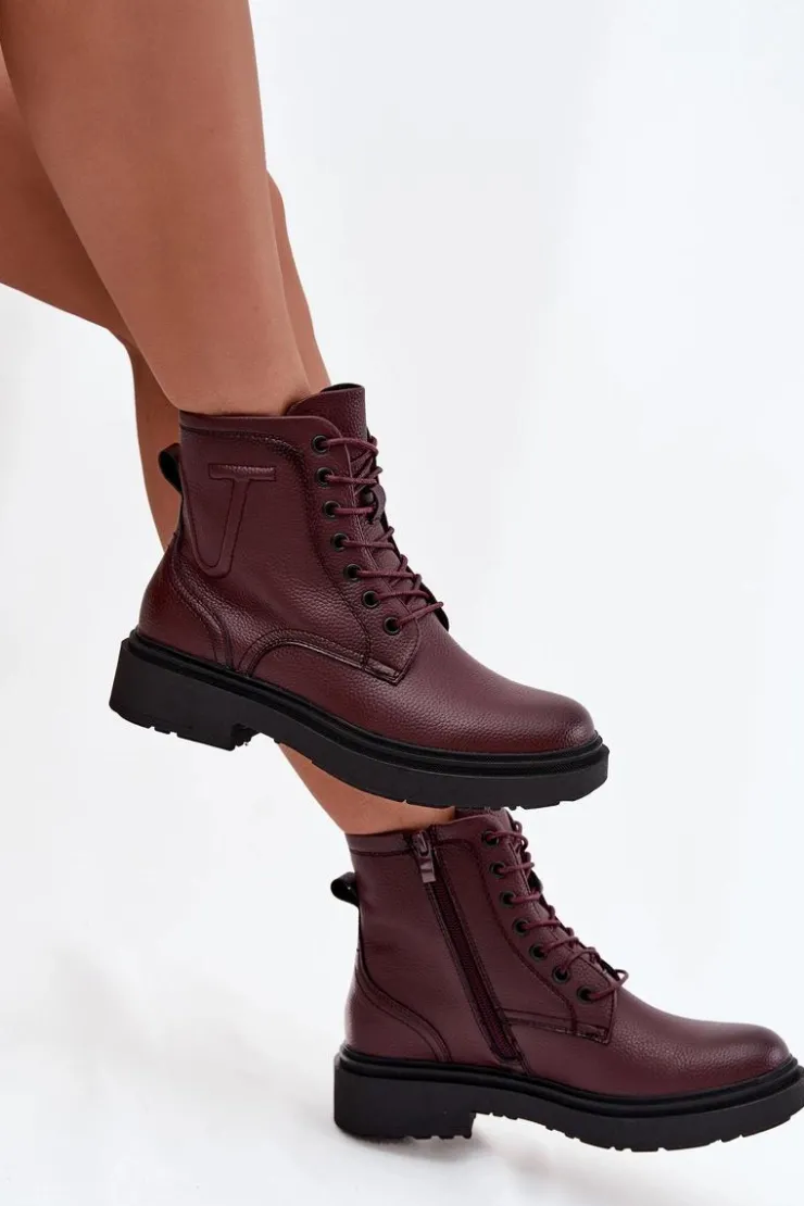 Best Buty Sergio Leone Ocieplane Botki Damskie Z Naturalnej Skóry Sergio Leone BT25248-S Bordowe Czerwony