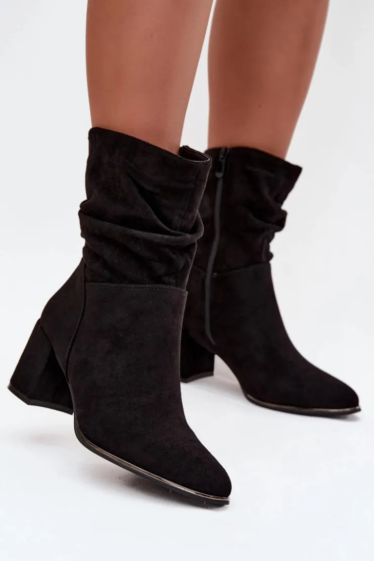 Damskie Boto Ocieplane Botki Damskie Z Marszczeniem Na Słupkowym Obcasie Czarne Ivressa