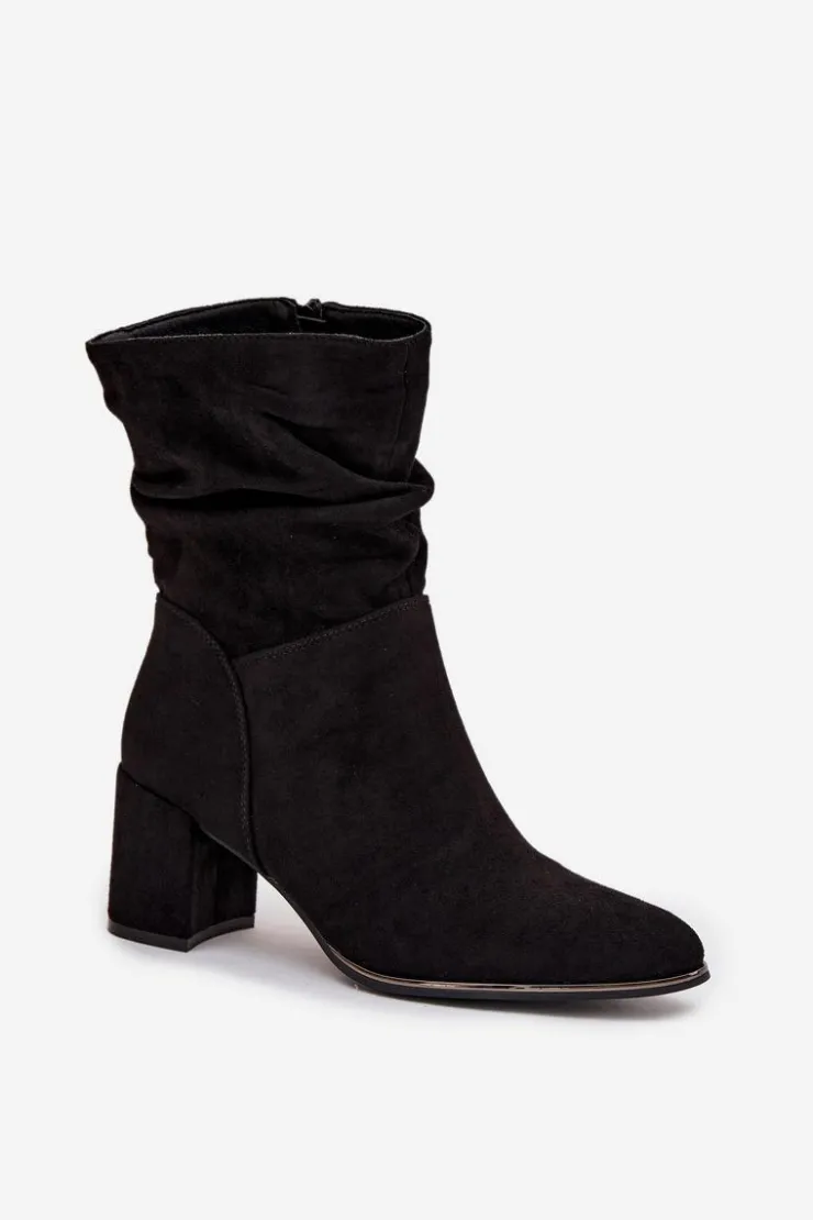 Damskie Boto Ocieplane Botki Damskie Z Marszczeniem Na Słupkowym Obcasie Czarne Ivressa