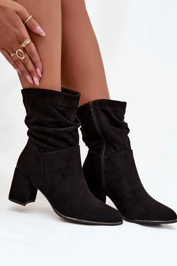 Damskie Boto Ocieplane Botki Damskie Z Marszczeniem Na Słupkowym Obcasie Czarne Ivressa